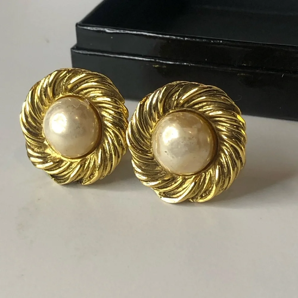 CHANEL 24k Gold Plated and Faux Pearl Earrings w/ BOX